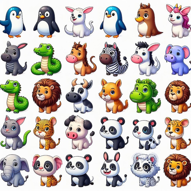 Set d'animaux de dessin animé mignons animaux sauvages 3D AI généré