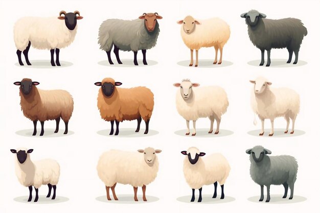 Set d'animaux d'élevage mâles et femelles Icons de mouton et d'agneau Production de laine et de viande Moutons en
