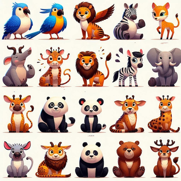 Photo set d'animaux mignons de dessins animés animaux sauvages générés en 3d