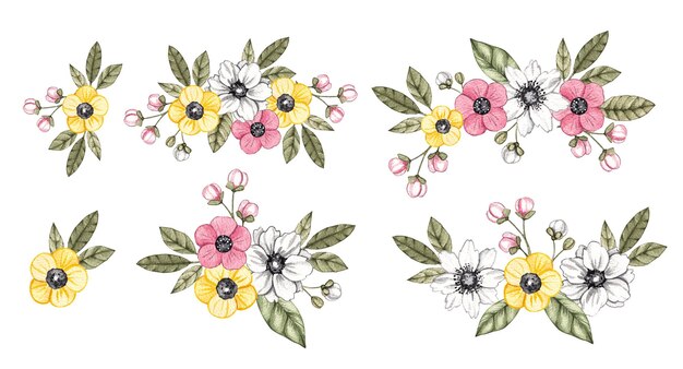 Set d'aquarelle de bouquets de fleurs stylisées sur un fond blanc