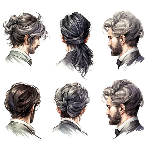 Set d'aquarelle de Regency Coupe de cheveux peignée côté Coupe de cheveux peignée type charbon gris Clipart 2D plat