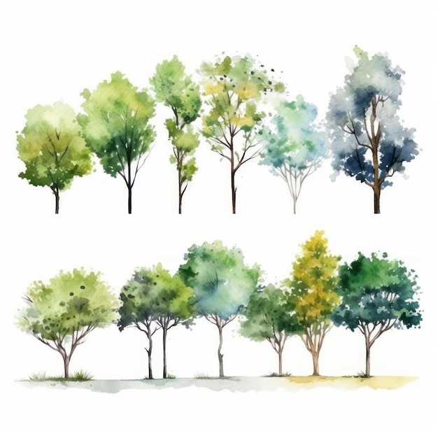 Set d'arbres à aquarelle Illustration dessinée à la main isolée sur fond blanc