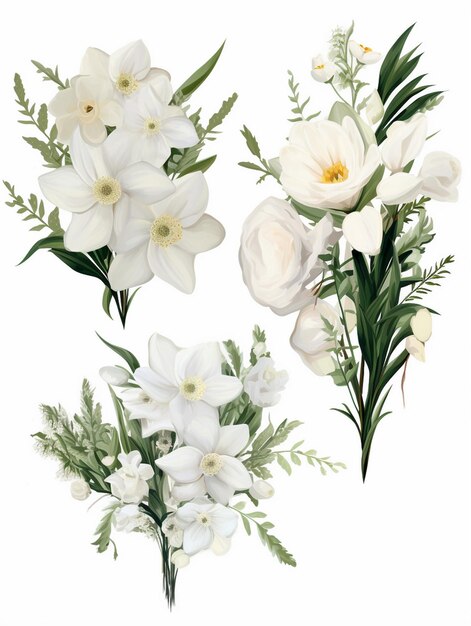 Set arrangement bouquet de fleurs blanches peinture