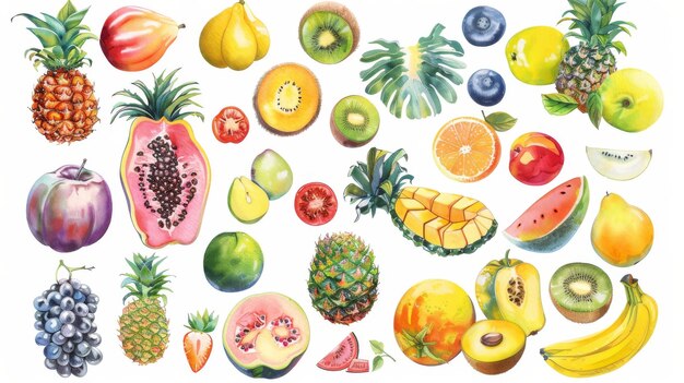 Set d'art alimentaire isolé sur fond blanc avec une variété de fruits tropicaux colorés éléments de conception dessinés à la main