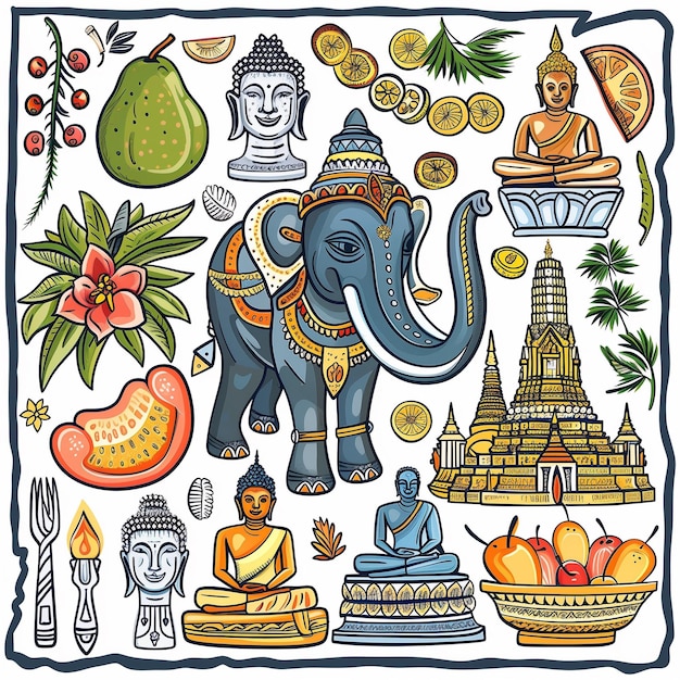 Set d'autocollants de voyage en Thaïlande Éléments de Doodle Carte de la Thaïlande avec des éléphants nourriture thaïlandaise