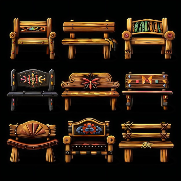 Set de bancs de style sud-ouest 32 bits pixel avec sièges en cuir un jeu Asset Design Concept Art