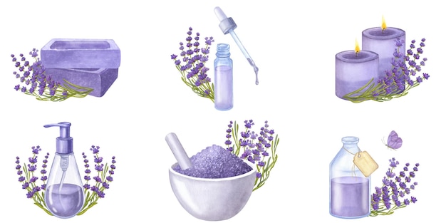 Set de bannières fleurs de lavande violette huiles essentielles bouteilles de cosmétiques aquarelle illustration isolée