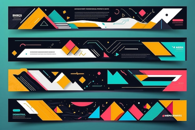 Set de bannières vectorielles abstraites modernes Des formes géométriques plates de différentes couleurs avec des contours noirs dans le style de conception de Memphis