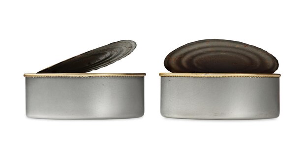 Photo set de boîte d'étain boîte d'étain métallique ouverte sans étiquette isolée sur blanc