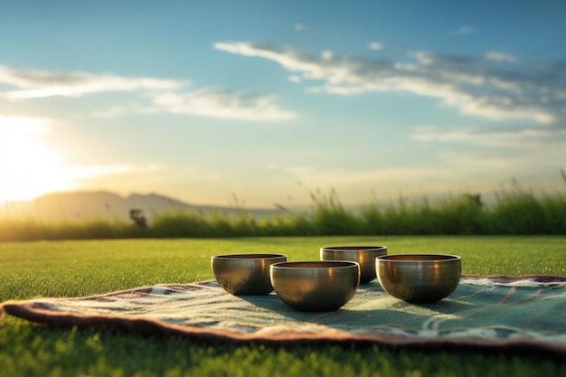 Set de bols de chant tibétains sur une prairie avec vue sur la montagne sur le fond du coucher de soleil