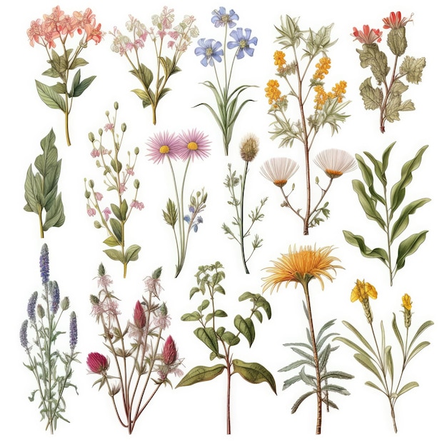Set botanique d'herbes et de fleurs sauvages