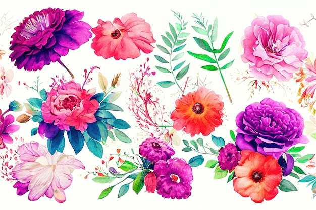 Set de bouquets de fleurs aquarelle pièces de conception d'œuvres d'art printemps et été fleurs nature dans le style d'aquarelle dessinée à la main illustration numérique 3D