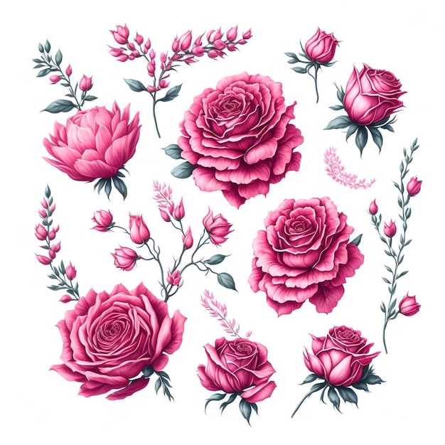 Set de branches florales à l'aquarelle fleur de rose arrangement rose