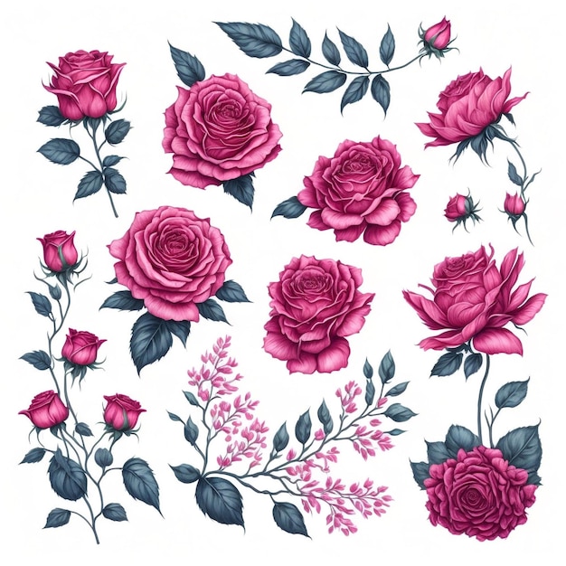 Set de branches florales à l'aquarelle fleur de rose arrangement rose