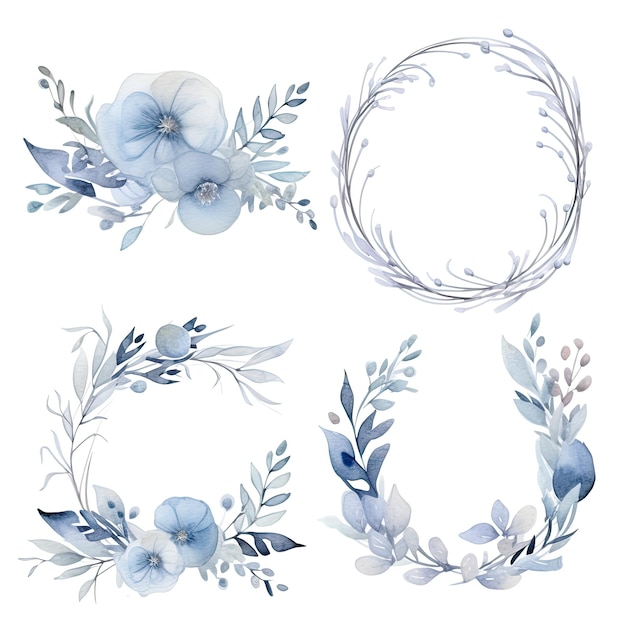 Set de cadre floral à aquarelle bleu et gris pour invitation de mariage