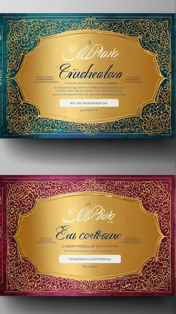 Photo set de cartes d'invitation de luxe eid mubarak avec couleur or et vert