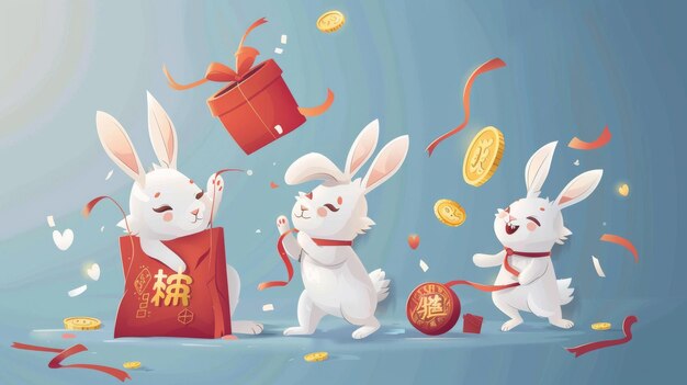 Set CNY avec sac d'achat cadeau enveloppe rouge pièce en lingot d'or et trois lapins sur fond bleu Un lapin joue du gong un autre envoie un cadeau et le troisième dragon dansant