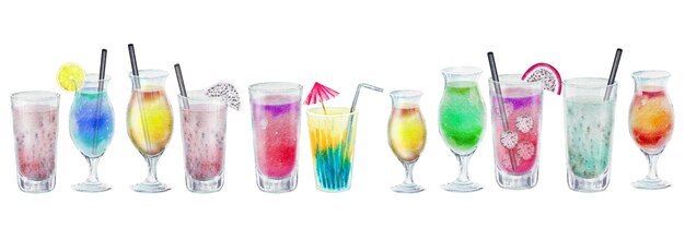 Set de cocktails d'été verres et verres avec boissons colorées Illustration à l'aquarelle dessinée à la main pour les recettes de listes d'alcool avec boissons