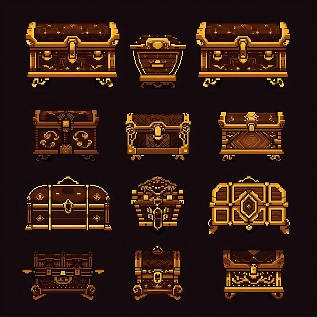 Set de coffres royaux 8 Bit Pixel avec des sculptures détaillées et Gold Tri Game Asset Design Concept Art