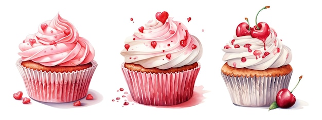 Photo set de cupcakes avec des cerises à la crème et des cœurs