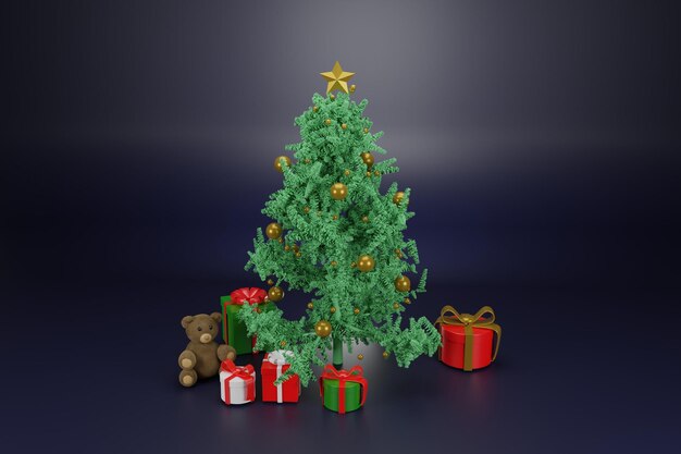 Set de décoration d'arbre de Noël avec boîte à cadeaux sur fond bleu foncé Image 3D Rendering