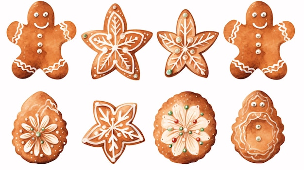 Photo set de décorations de noël collection de différents biscuits au pain d'épice illustration à l'aquarelle de biscuits de noël peints à la main