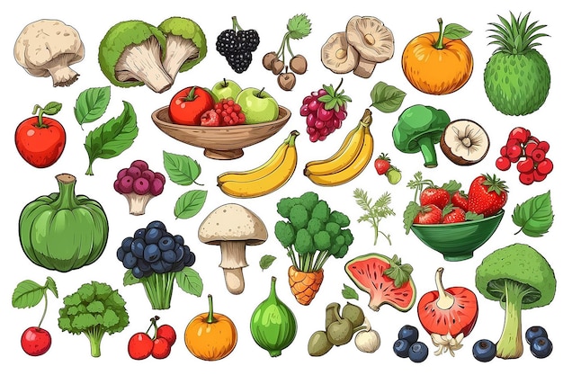 Photo set dessiné à la main de fruits, légumes, champignons et baies des croquis de dessins animés vectoriels
