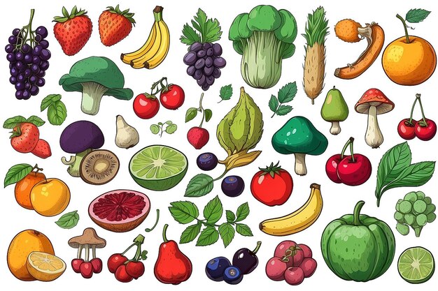 Photo set dessiné à la main de fruits, légumes, champignons et baies des croquis de dessins animés vectoriels