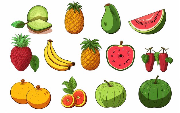 Photo set de dessins animés à base de fruits tropicaux