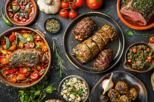 Photo set de dolma buglama avec des légumes à l'agneau et des herbes parfumées sarma dolmades dolmadakia