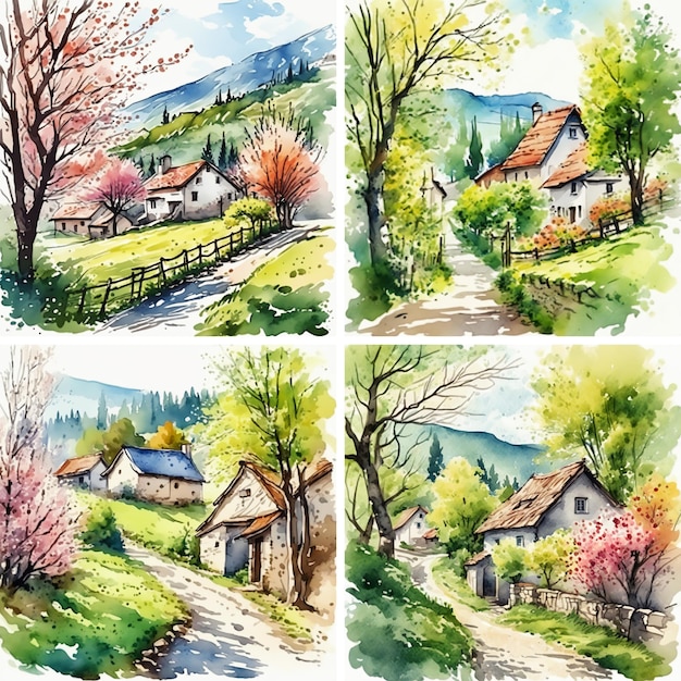 Set du printemps dans le village Illustration peinte à la main à l'aquarelle