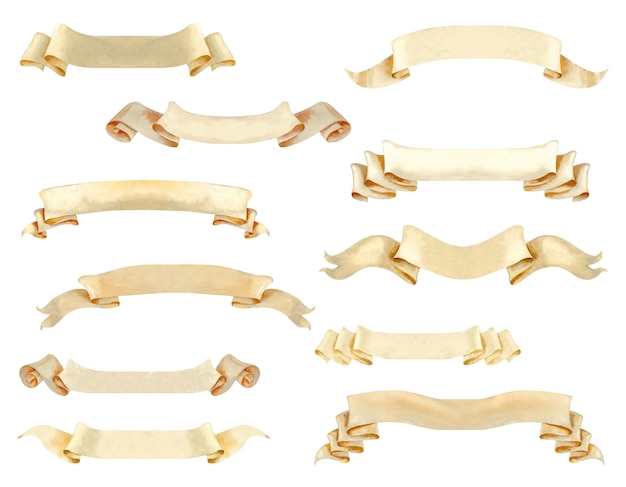 Set d'éléments de bannière à ruban beige aquarelle en papier pour textes de longueur moyenne ou logo de rouleau