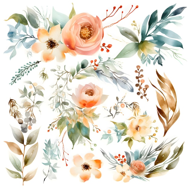 Set de fleurs à l'aquarelle illustration faite à la main isolée sur fond blanc