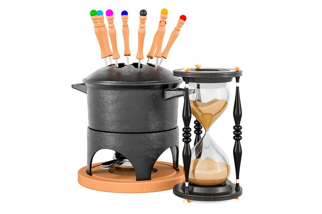 Set de fondue avec rendu 3D de sablier isolé sur fond blanc