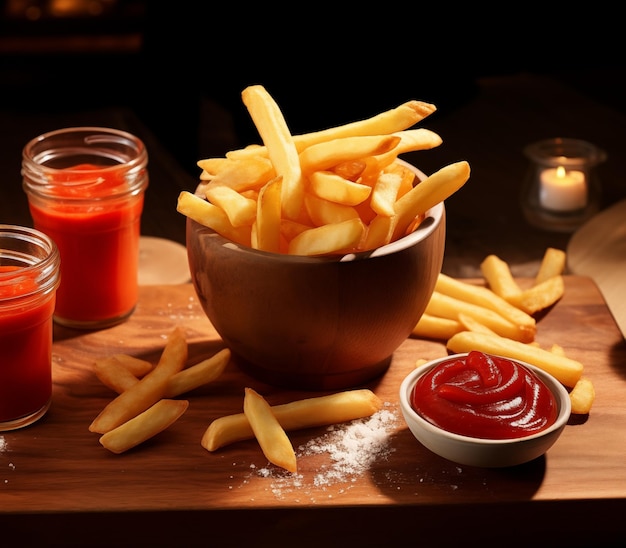 Set de frites et de ketchup sur un plateau en bois IA générative