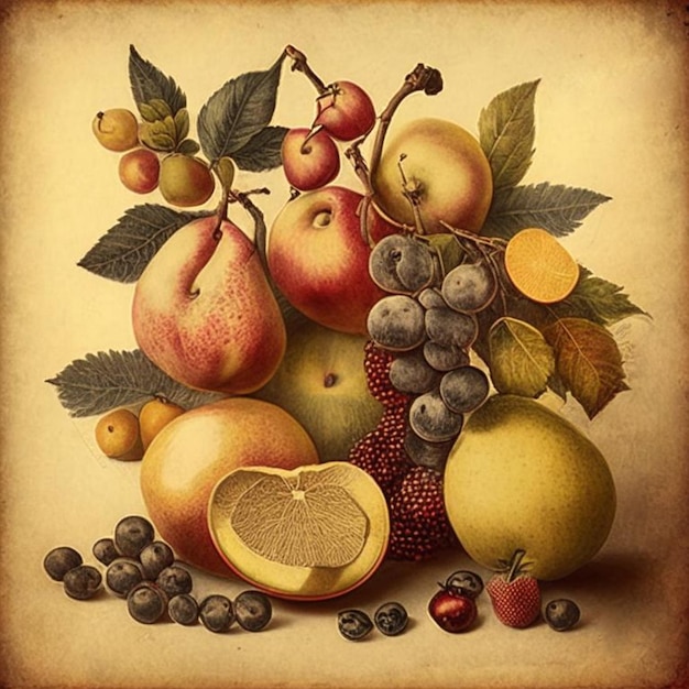 Set de fruits et de baies dessiné à la main dans le style vintage