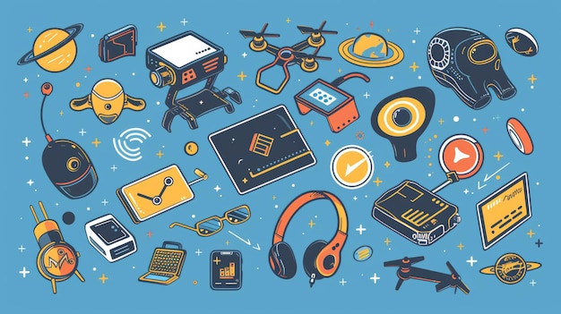 Set de gadgets intelligents et de technologie de communication sur fond bleu Illustration moderne de chatbots drones dispositifs de stockage de données fils casques VR texte NFT sur fond spatial