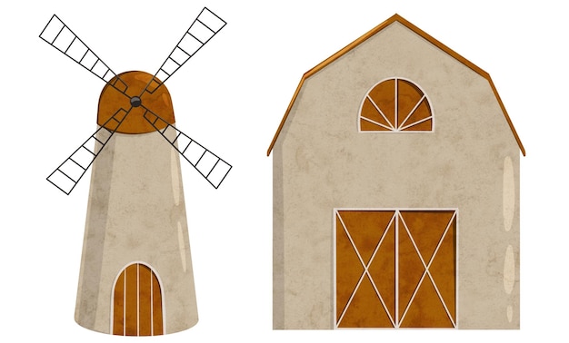 Set de grange de ferme numérique et de tour de moulin à vent pour l'élevage d'animaux ou d'équipements agricoles