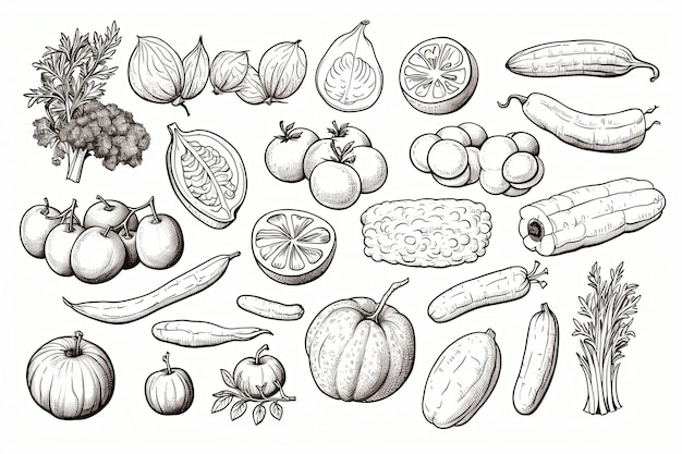 Photo set d'icônes d'art à la ligne de doigt de légumes frais et illustration de clipart d'aliments sains dessinée à la main sur fond blanc