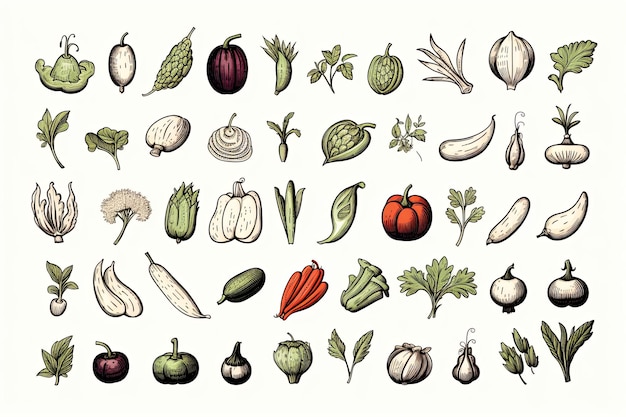 Set d'icônes d'art à la ligne de doigt de légumes frais et illustration de clipart d'aliments sains dessinée à la main sur fond blanc