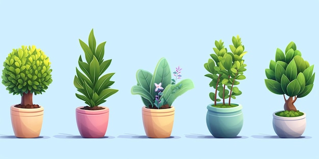 Photo set d'icônes de dessins animés 3d avec des plantes en pot, des arbres et des pousses d'herbe