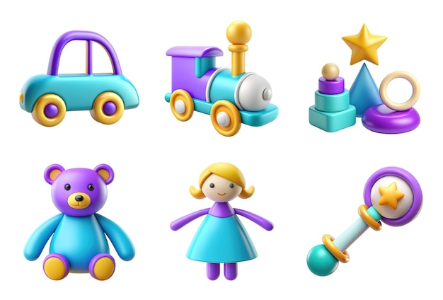 Set d'icônes de jouets de rendu 3D sur fond blanc ou transparent