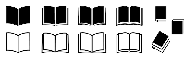 Set d'icônes de livres ouverts avec des pages de papier en ligne et en silhouette Illustration vectorielle