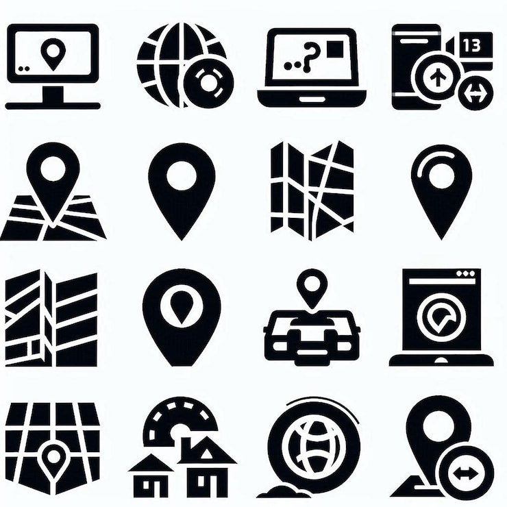 Photo set d'icônes de localisation contenant une carte, une carte, un pin, un gps, des directions de destination, une distance, un lieu.