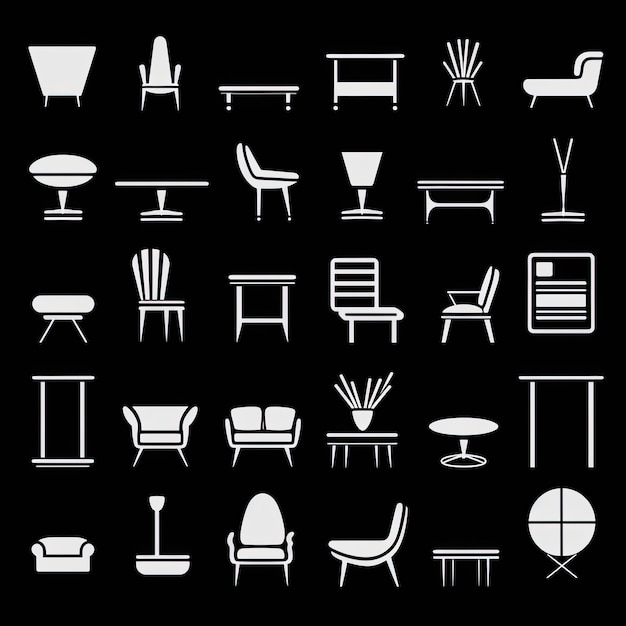 Set d'icônes de meubles blanc sur fond noir Illustration vectorielle