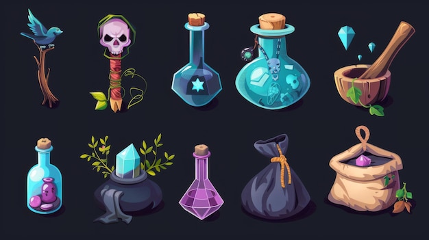 Set d'icônes pour RPG ou dessins d'Halloween bâton de sorcière magique avec poupée voodoo spirituelle et crâne d'oiseau avec potion de pierre précieuse dans une bouteille de verre et cuillère en bois herbes dans un sac et un mortier