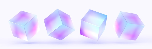 Set d'icônes de rendu isolé de cube de morphisme glacé holographique 3D formes de blocs géométriques translucides abstraites avec des hologrammes au néon de couleur gradient d'objets carrés en plastique ou en acrylique