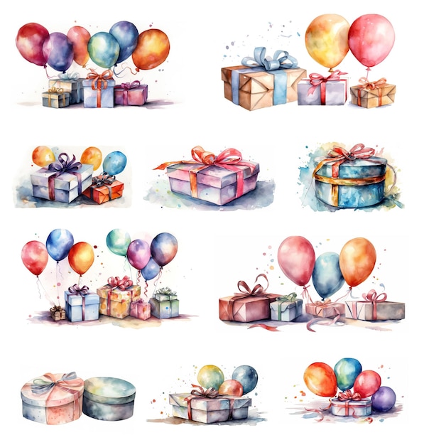 Photo set d'illustrations à l'aquarelle de boîtes cadeaux avec des boules