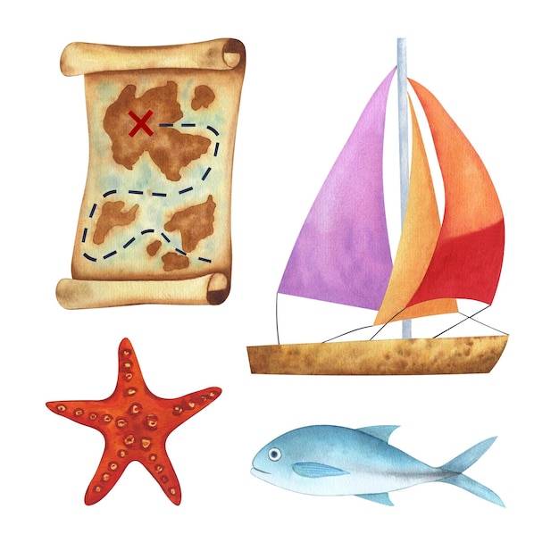 Set d'illustrations carte du trésor voilier poisson et étoile de mer Dessiné en aquarelle isolé