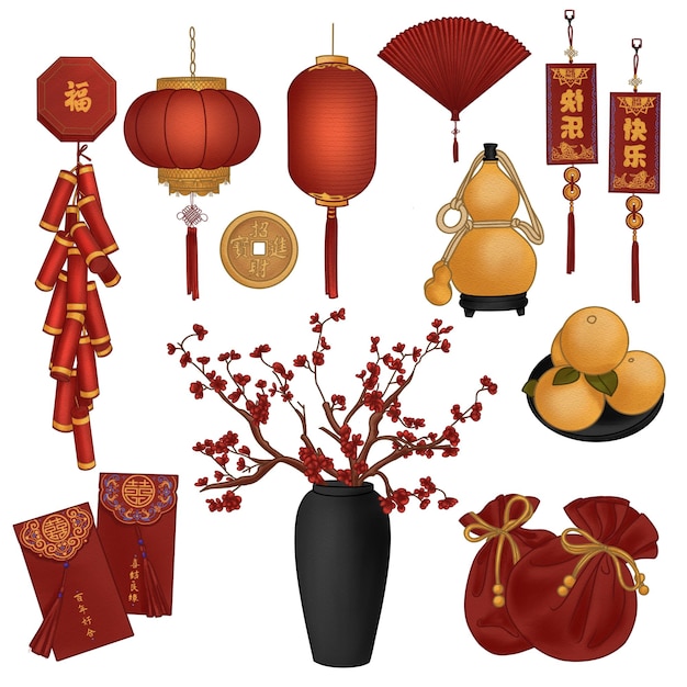 Set d'illustrations d'icônes du Nouvel An chinois Articles de la culture traditionnelle pour le Nouvel an chinois